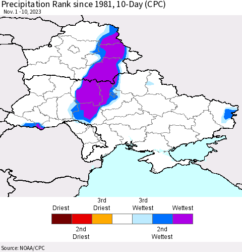 Ukraine, Moldova and Belarus Precipitation Rank since 1981, 10-Day (CPC) Thematic Map For 11/1/2023 - 11/10/2023