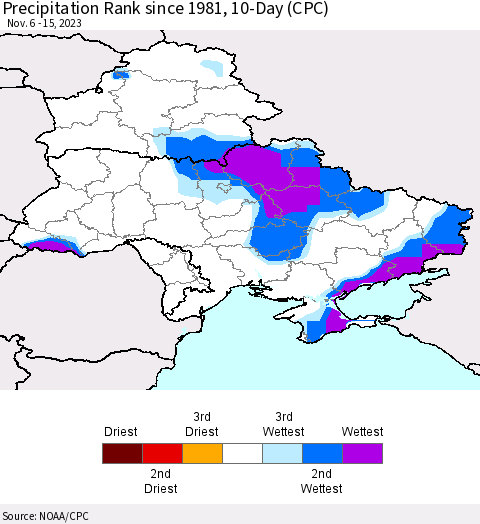 Ukraine, Moldova and Belarus Precipitation Rank since 1981, 10-Day (CPC) Thematic Map For 11/6/2023 - 11/15/2023