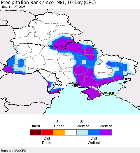 Ukraine, Moldova and Belarus Precipitation Rank since 1981, 10-Day (CPC) Thematic Map For 11/11/2023 - 11/20/2023
