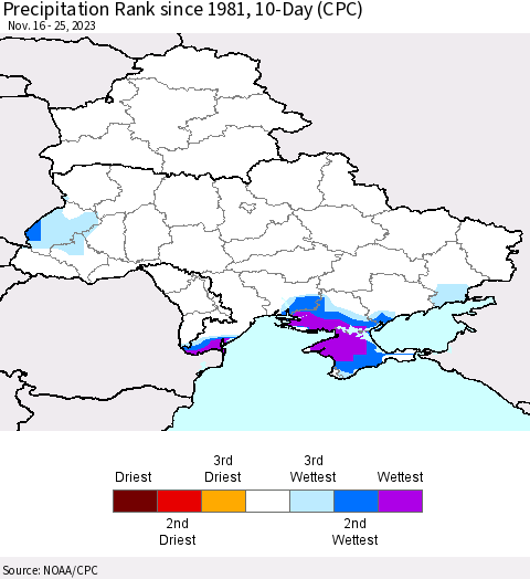 Ukraine, Moldova and Belarus Precipitation Rank since 1981, 10-Day (CPC) Thematic Map For 11/16/2023 - 11/25/2023