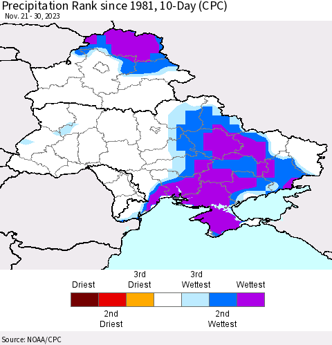 Ukraine, Moldova and Belarus Precipitation Rank since 1981, 10-Day (CPC) Thematic Map For 11/21/2023 - 11/30/2023