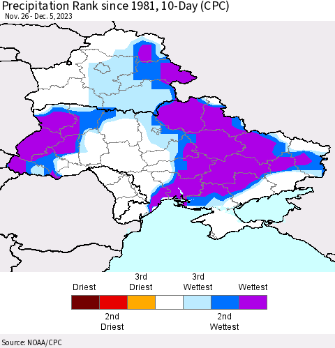 Ukraine, Moldova and Belarus Precipitation Rank since 1981, 10-Day (CPC) Thematic Map For 11/26/2023 - 12/5/2023