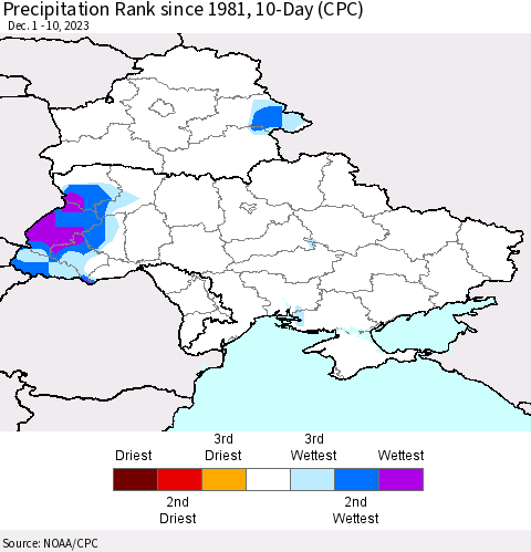 Ukraine, Moldova and Belarus Precipitation Rank since 1981, 10-Day (CPC) Thematic Map For 12/1/2023 - 12/10/2023