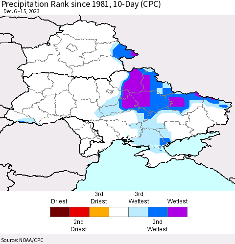 Ukraine, Moldova and Belarus Precipitation Rank since 1981, 10-Day (CPC) Thematic Map For 12/6/2023 - 12/15/2023