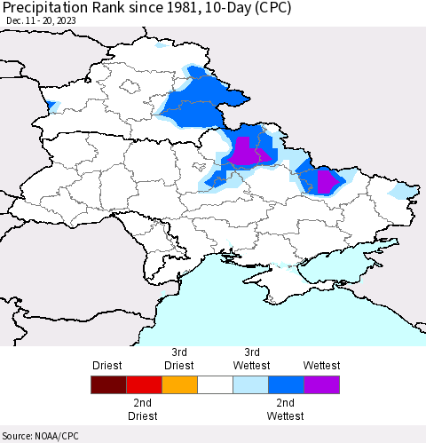 Ukraine, Moldova and Belarus Precipitation Rank since 1981, 10-Day (CPC) Thematic Map For 12/11/2023 - 12/20/2023