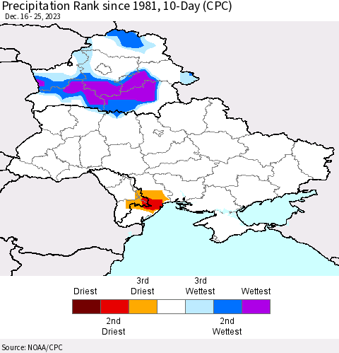 Ukraine, Moldova and Belarus Precipitation Rank since 1981, 10-Day (CPC) Thematic Map For 12/16/2023 - 12/25/2023