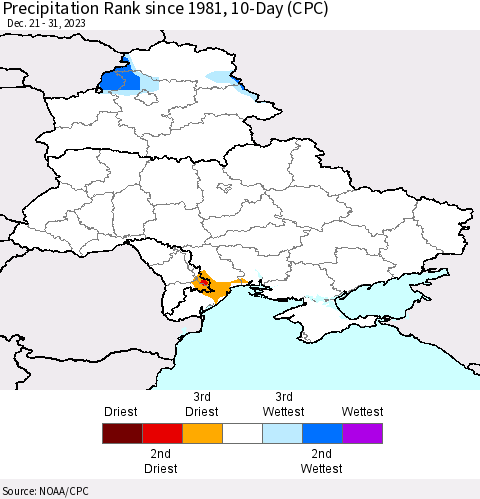 Ukraine, Moldova and Belarus Precipitation Rank since 1981, 10-Day (CPC) Thematic Map For 12/21/2023 - 12/31/2023