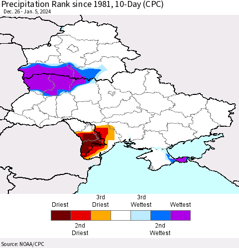 Ukraine, Moldova and Belarus Precipitation Rank since 1981, 10-Day (CPC) Thematic Map For 12/26/2023 - 1/5/2024