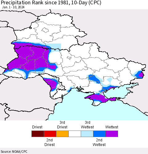 Ukraine, Moldova and Belarus Precipitation Rank since 1981, 10-Day (CPC) Thematic Map For 1/1/2024 - 1/10/2024