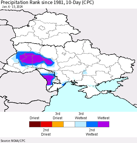 Ukraine, Moldova and Belarus Precipitation Rank since 1981, 10-Day (CPC) Thematic Map For 1/6/2024 - 1/15/2024