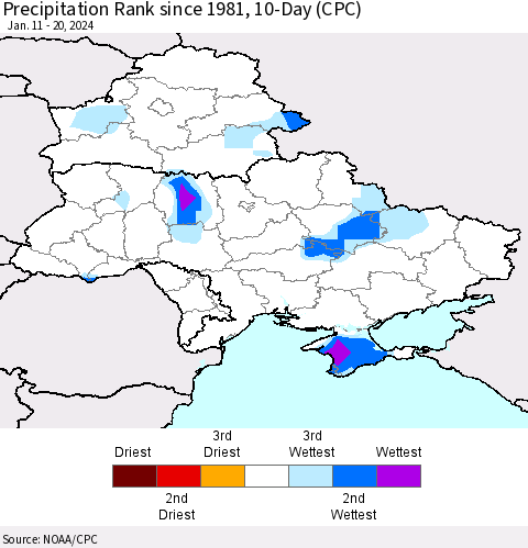 Ukraine, Moldova and Belarus Precipitation Rank since 1981, 10-Day (CPC) Thematic Map For 1/11/2024 - 1/20/2024