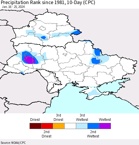 Ukraine, Moldova and Belarus Precipitation Rank since 1981, 10-Day (CPC) Thematic Map For 1/16/2024 - 1/25/2024
