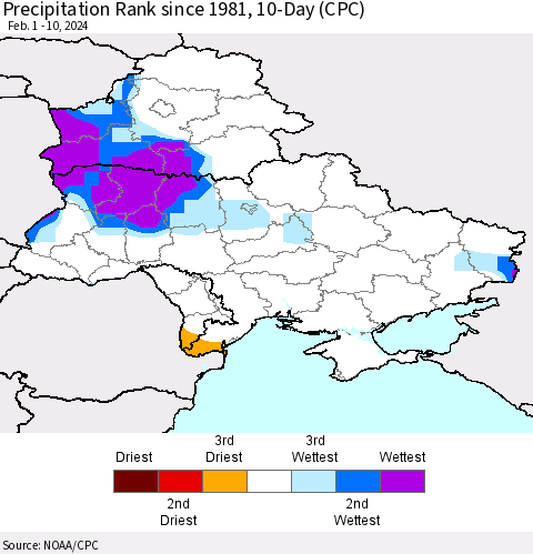 Ukraine, Moldova and Belarus Precipitation Rank since 1981, 10-Day (CPC) Thematic Map For 2/1/2024 - 2/10/2024