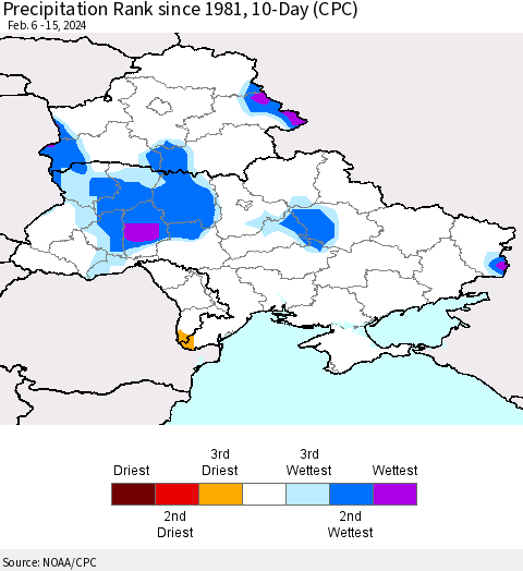 Ukraine, Moldova and Belarus Precipitation Rank since 1981, 10-Day (CPC) Thematic Map For 2/6/2024 - 2/15/2024
