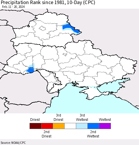 Ukraine, Moldova and Belarus Precipitation Rank since 1981, 10-Day (CPC) Thematic Map For 2/11/2024 - 2/20/2024
