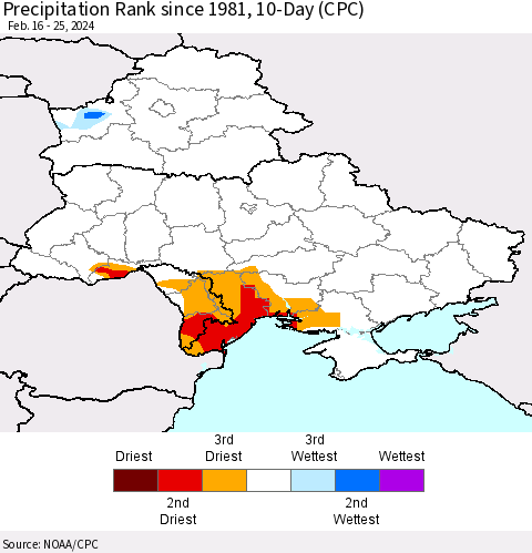 Ukraine, Moldova and Belarus Precipitation Rank since 1981, 10-Day (CPC) Thematic Map For 2/16/2024 - 2/25/2024