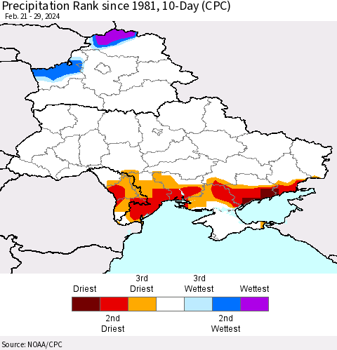 Ukraine, Moldova and Belarus Precipitation Rank since 1981, 10-Day (CPC) Thematic Map For 2/21/2024 - 2/29/2024