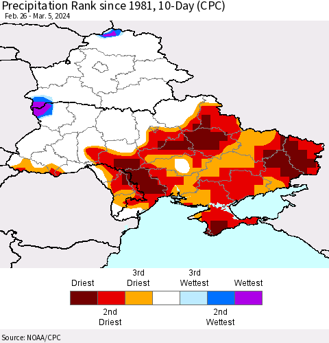 Ukraine, Moldova and Belarus Precipitation Rank since 1981, 10-Day (CPC) Thematic Map For 2/26/2024 - 3/5/2024
