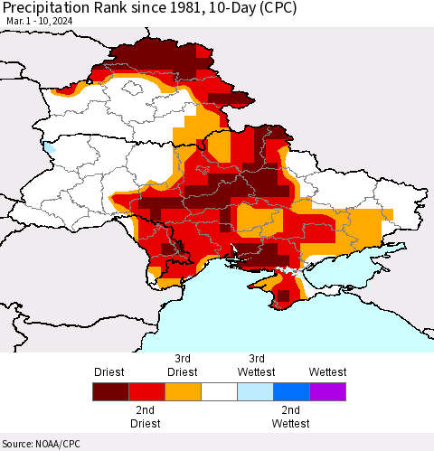 Ukraine, Moldova and Belarus Precipitation Rank since 1981, 10-Day (CPC) Thematic Map For 3/1/2024 - 3/10/2024