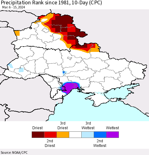 Ukraine, Moldova and Belarus Precipitation Rank since 1981, 10-Day (CPC) Thematic Map For 3/6/2024 - 3/15/2024