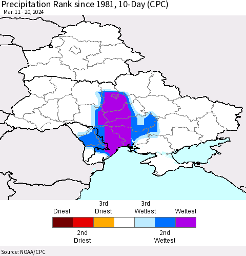 Ukraine, Moldova and Belarus Precipitation Rank since 1981, 10-Day (CPC) Thematic Map For 3/11/2024 - 3/20/2024