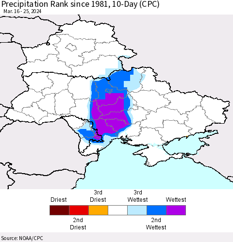 Ukraine, Moldova and Belarus Precipitation Rank since 1981, 10-Day (CPC) Thematic Map For 3/16/2024 - 3/25/2024