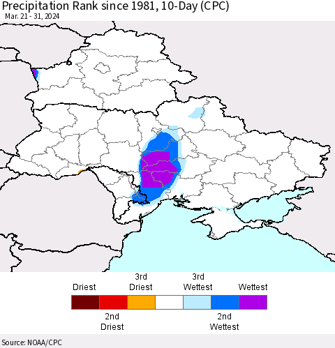 Ukraine, Moldova and Belarus Precipitation Rank since 1981, 10-Day (CPC) Thematic Map For 3/21/2024 - 3/31/2024
