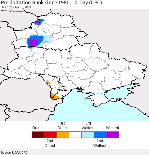 Ukraine, Moldova and Belarus Precipitation Rank since 1981, 10-Day (CPC) Thematic Map For 3/26/2024 - 4/5/2024