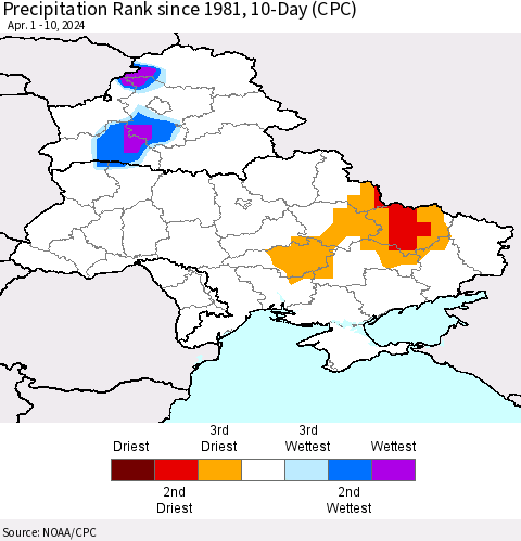 Ukraine, Moldova and Belarus Precipitation Rank since 1981, 10-Day (CPC) Thematic Map For 4/1/2024 - 4/10/2024