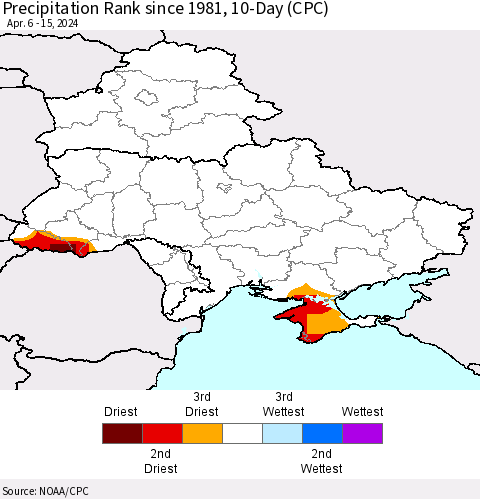 Ukraine, Moldova and Belarus Precipitation Rank since 1981, 10-Day (CPC) Thematic Map For 4/6/2024 - 4/15/2024