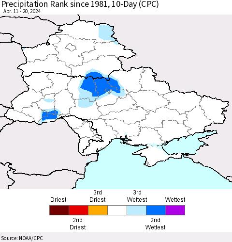 Ukraine, Moldova and Belarus Precipitation Rank since 1981, 10-Day (CPC) Thematic Map For 4/11/2024 - 4/20/2024