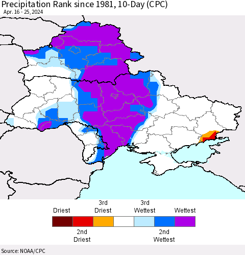 Ukraine, Moldova and Belarus Precipitation Rank since 1981, 10-Day (CPC) Thematic Map For 4/16/2024 - 4/25/2024