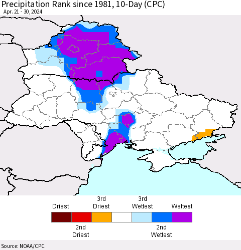 Ukraine, Moldova and Belarus Precipitation Rank since 1981, 10-Day (CPC) Thematic Map For 4/21/2024 - 4/30/2024