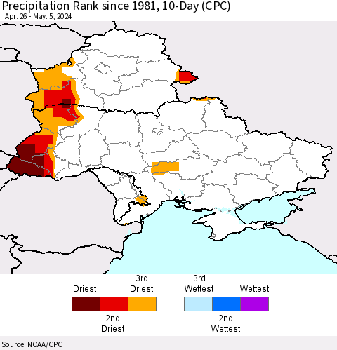 Ukraine, Moldova and Belarus Precipitation Rank since 1981, 10-Day (CPC) Thematic Map For 4/26/2024 - 5/5/2024