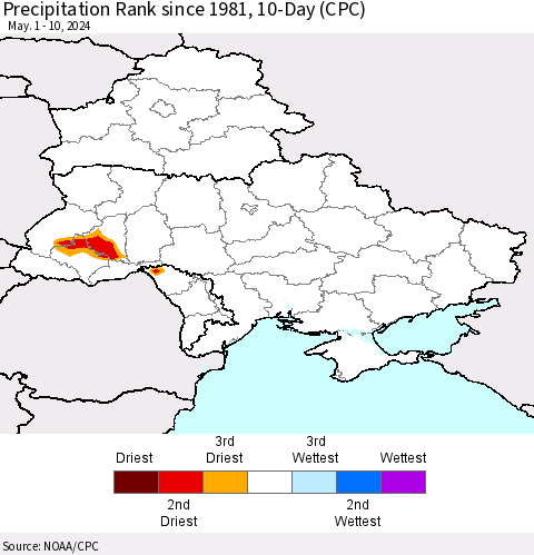 Ukraine, Moldova and Belarus Precipitation Rank since 1981, 10-Day (CPC) Thematic Map For 5/1/2024 - 5/10/2024