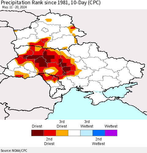 Ukraine, Moldova and Belarus Precipitation Rank since 1981, 10-Day (CPC) Thematic Map For 5/11/2024 - 5/20/2024