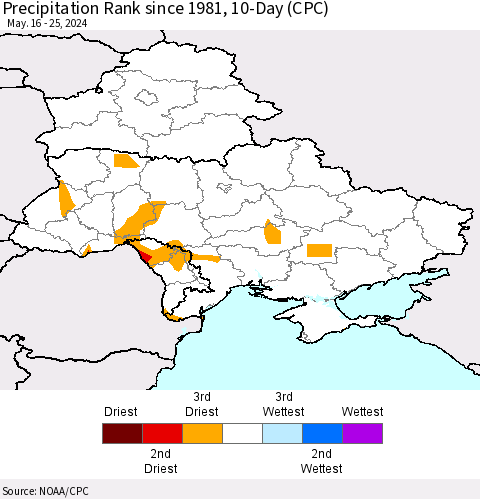 Ukraine, Moldova and Belarus Precipitation Rank since 1981, 10-Day (CPC) Thematic Map For 5/16/2024 - 5/25/2024