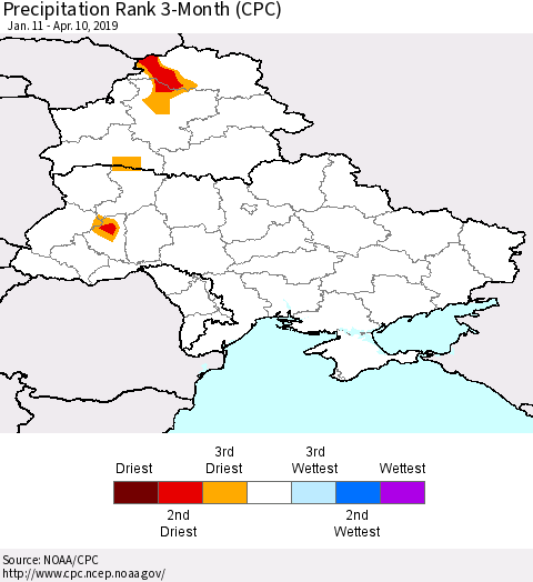 Ukraine, Moldova and Belarus Precipitation Rank 3-Month (CPC) Thematic Map For 1/11/2019 - 4/10/2019