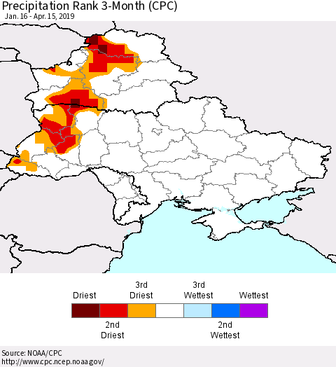 Ukraine, Moldova and Belarus Precipitation Rank since 1981, 3-Month (CPC) Thematic Map For 1/16/2019 - 4/15/2019