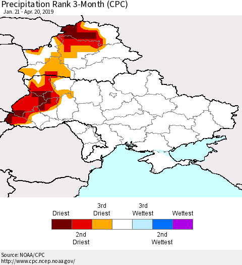 Ukraine, Moldova and Belarus Precipitation Rank 3-Month (CPC) Thematic Map For 1/21/2019 - 4/20/2019