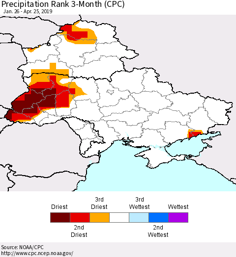 Ukraine, Moldova and Belarus Precipitation Rank 3-Month (CPC) Thematic Map For 1/26/2019 - 4/25/2019