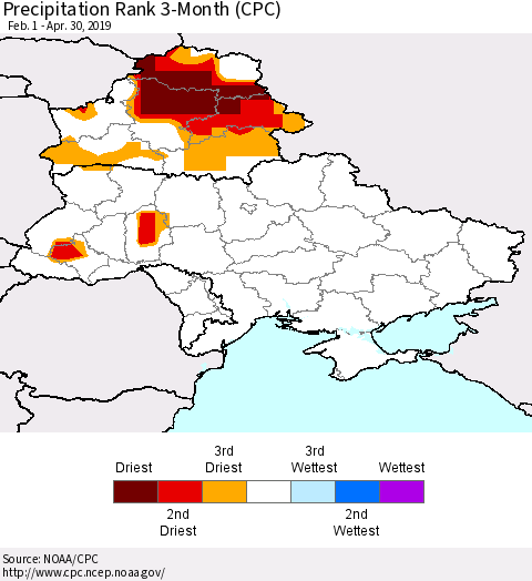 Ukraine, Moldova and Belarus Precipitation Rank 3-Month (CPC) Thematic Map For 2/1/2019 - 4/30/2019