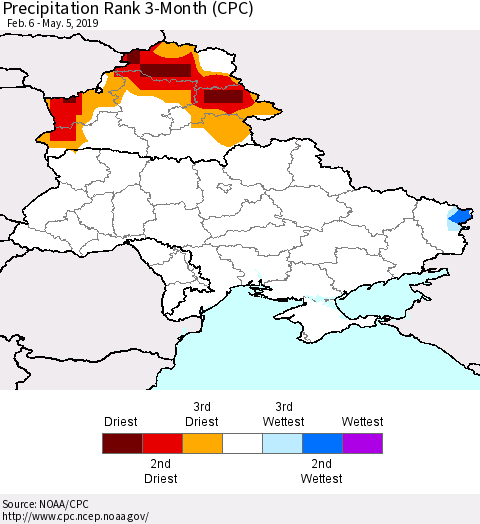 Ukraine, Moldova and Belarus Precipitation Rank 3-Month (CPC) Thematic Map For 2/6/2019 - 5/5/2019