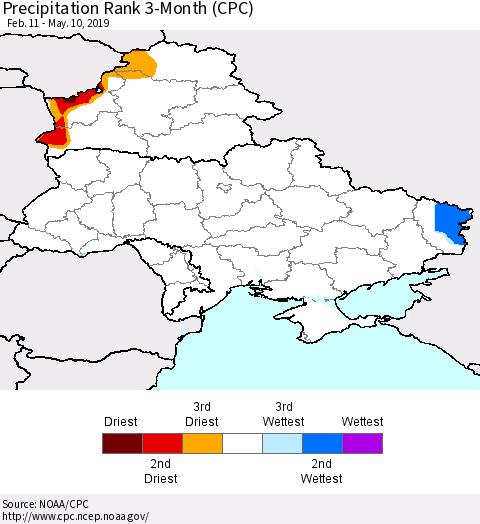 Ukraine, Moldova and Belarus Precipitation Rank since 1981, 3-Month (CPC) Thematic Map For 2/11/2019 - 5/10/2019