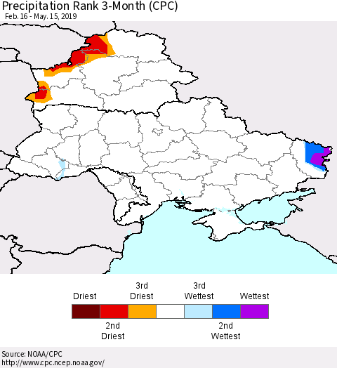 Ukraine, Moldova and Belarus Precipitation Rank 3-Month (CPC) Thematic Map For 2/16/2019 - 5/15/2019