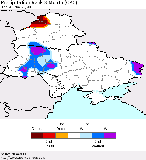 Ukraine, Moldova and Belarus Precipitation Rank 3-Month (CPC) Thematic Map For 2/26/2019 - 5/25/2019