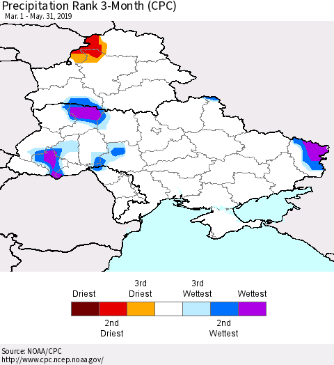 Ukraine, Moldova and Belarus Precipitation Rank 3-Month (CPC) Thematic Map For 3/1/2019 - 5/31/2019