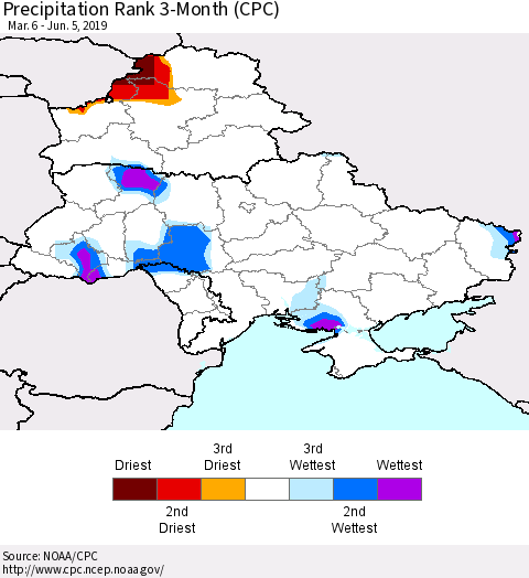Ukraine, Moldova and Belarus Precipitation Rank 3-Month (CPC) Thematic Map For 3/6/2019 - 6/5/2019