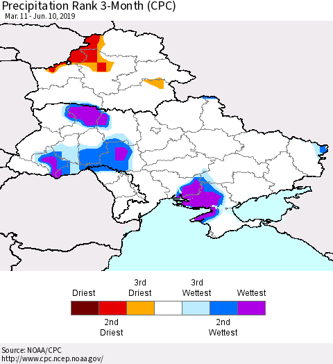 Ukraine, Moldova and Belarus Precipitation Rank since 1981, 3-Month (CPC) Thematic Map For 3/11/2019 - 6/10/2019