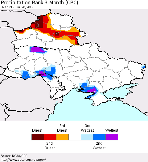 Ukraine, Moldova and Belarus Precipitation Rank 3-Month (CPC) Thematic Map For 3/21/2019 - 6/20/2019